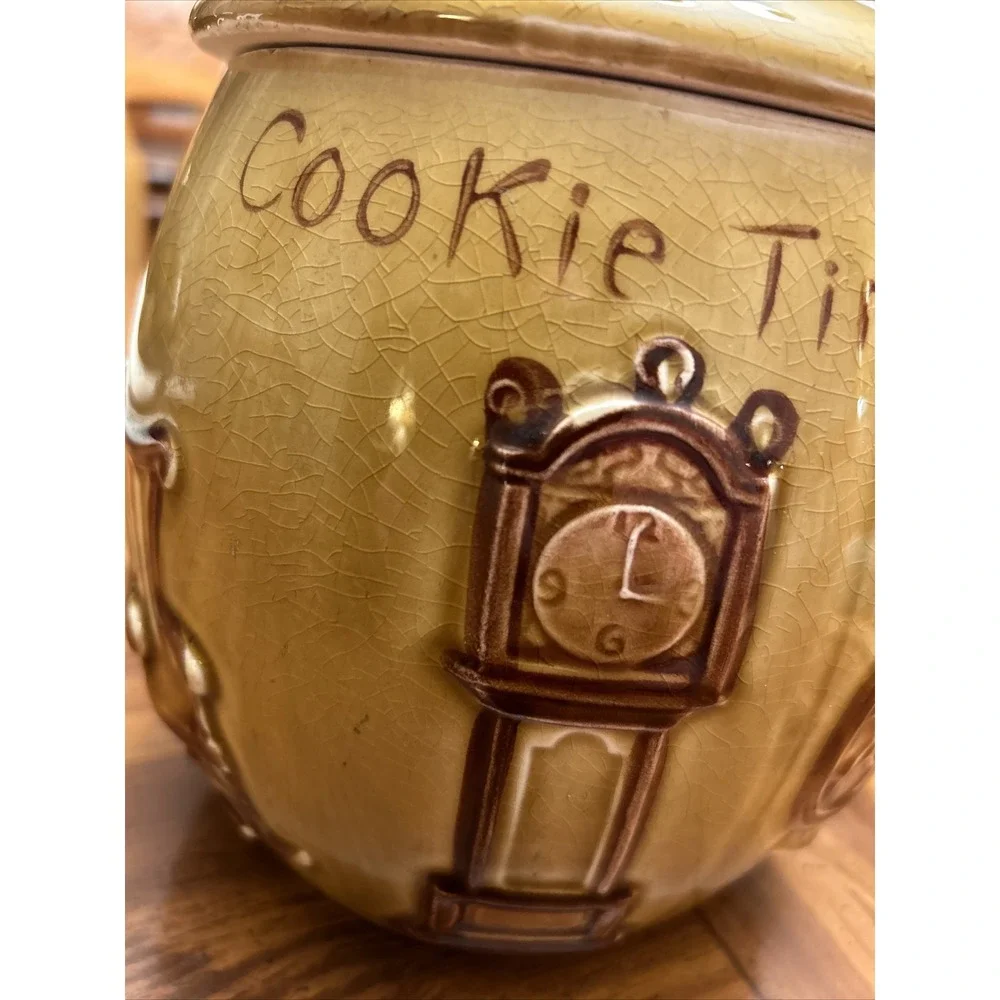 Vintage Pottery Cookie‎ Jar grandfather Clock Rocking Chair Amber lid brown